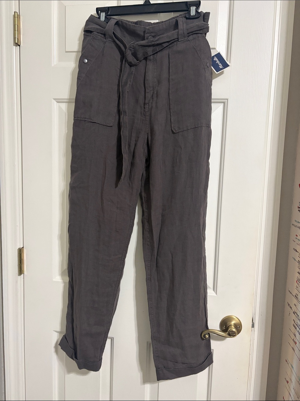 Tahari 100% Linen Cargo Pants in Charcoal Gray with Belt Cuff Bottom
